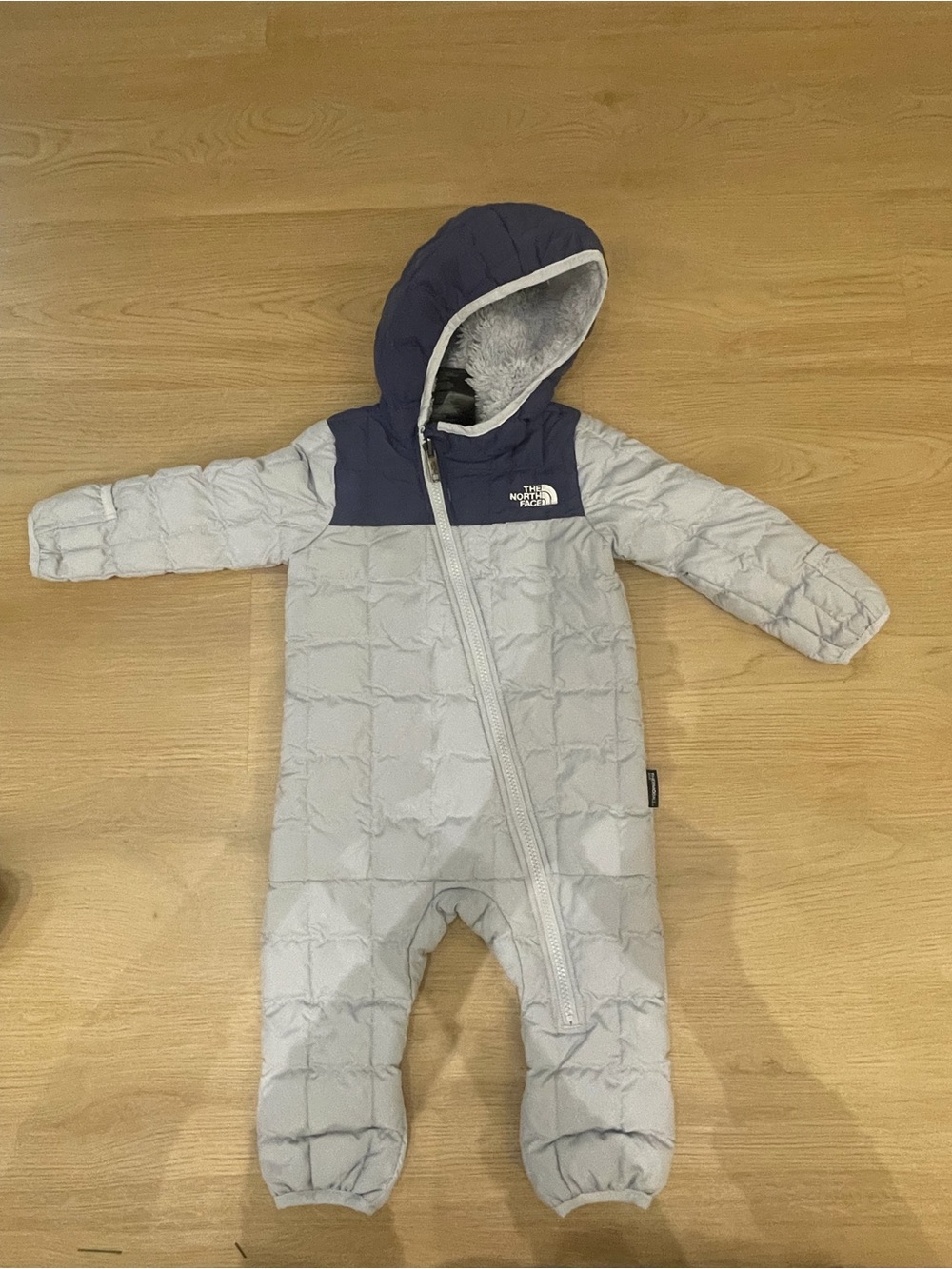 The North Face Gray and Navy Hooded Infant One-Piece Footie